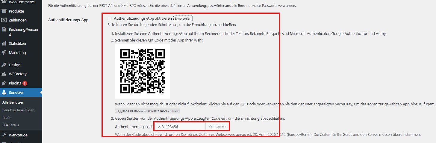2-Faktor-Authentifizierung einrichten mit QR-Code und Eingabefeld für den Code