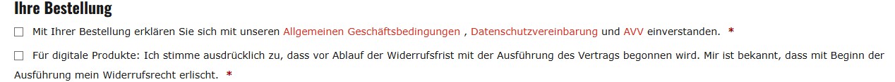 Bereich Ihre Bestellung mit zwei Pflicht-Häkchen zu AGB, Datenschutzvereinbarung, AVV und zum Widerrufsrecht