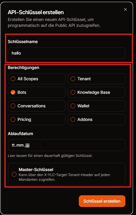 LuxAIaaS Modal API-Schlüssel erstellen mit Feldern Schlüsselname, Berechtigungen, Ablaufdatum und Master-Schlüssel-Option