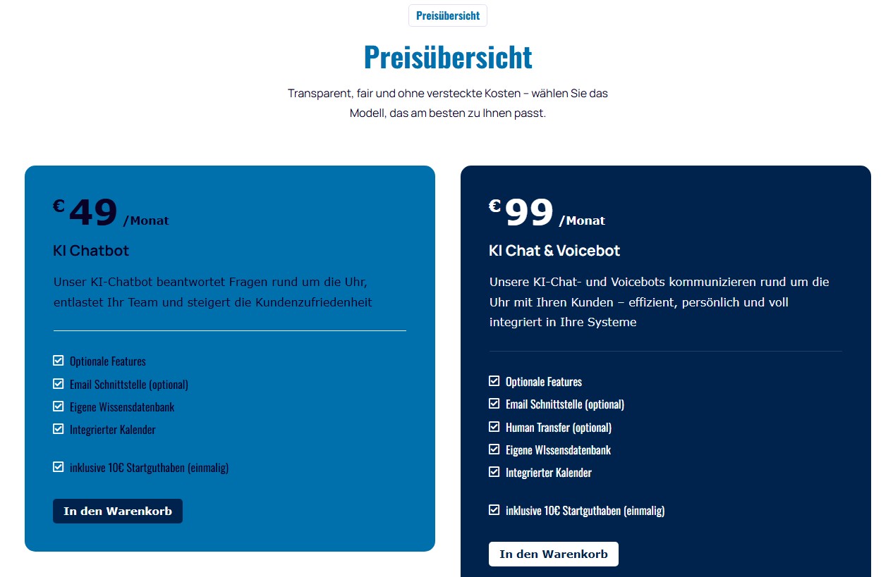 Preisübersicht mit den Kacheln KI Chatbot und KI Chat und Voicebot samt Leistungen und Button In den Warenkorb