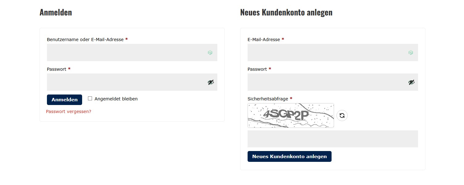 Seite Mein Konto mit Anmelden links und Neues Kundenkonto anlegen rechts, inklusive Sicherheitsabfrage