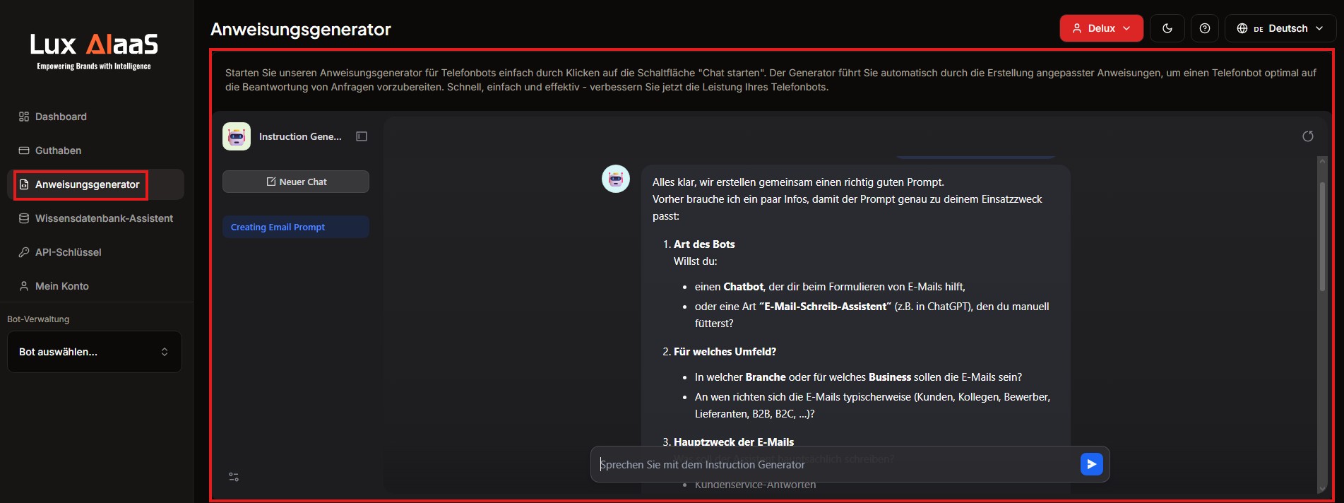 LuxAIaaS Anweisungsgenerator mit Chat-Verlauf, Fragen zu Art des Bots, Umfeld und Hauptzweck der E-Mails