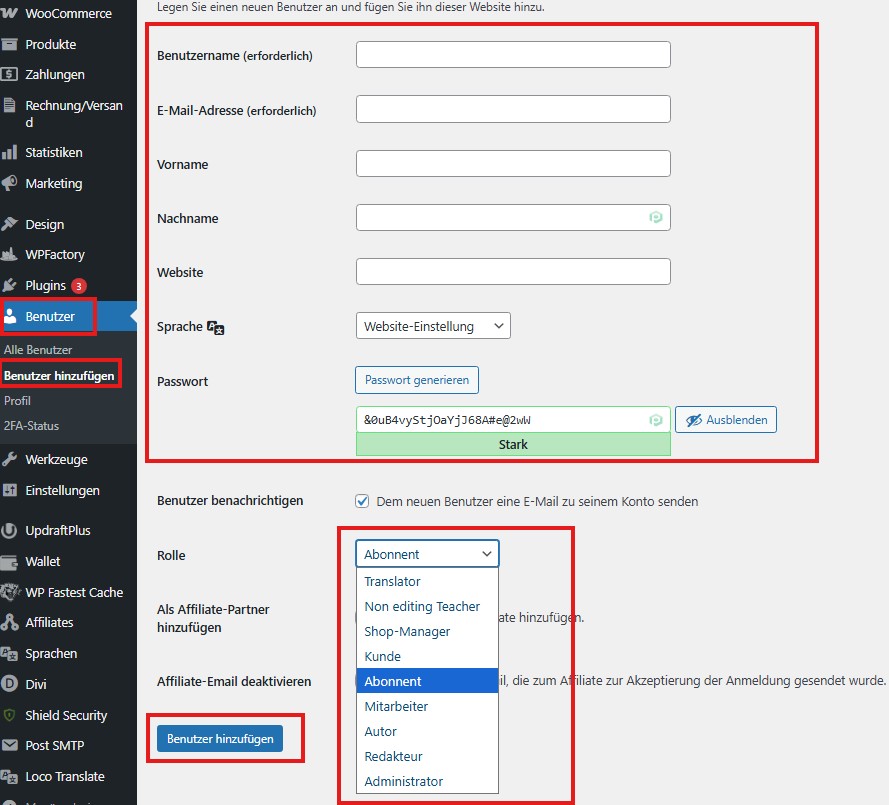 Formular zum Hinzufügen eines neuen Benutzers mit Feldern für Name, E-Mail, Passwort und Rolle