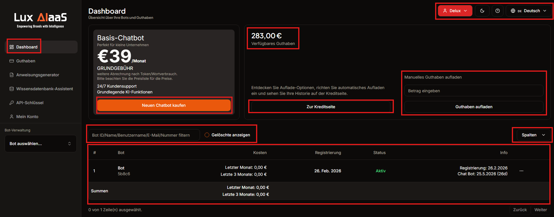 LuxAIaaS Dashboard mit Bot-Übersicht, Guthaben-Anzeige, Profil-Menü, Sprachauswahl und Suchfeld
