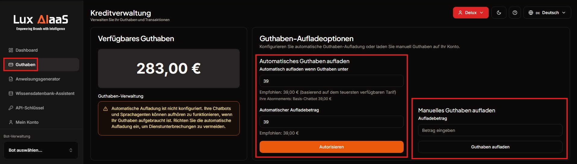 LuxAIaaS Kreditverwaltung mit verfügbarem Guthaben, automatischer Aufladung mit Schwellenwert und manuellem Guthaben aufladen