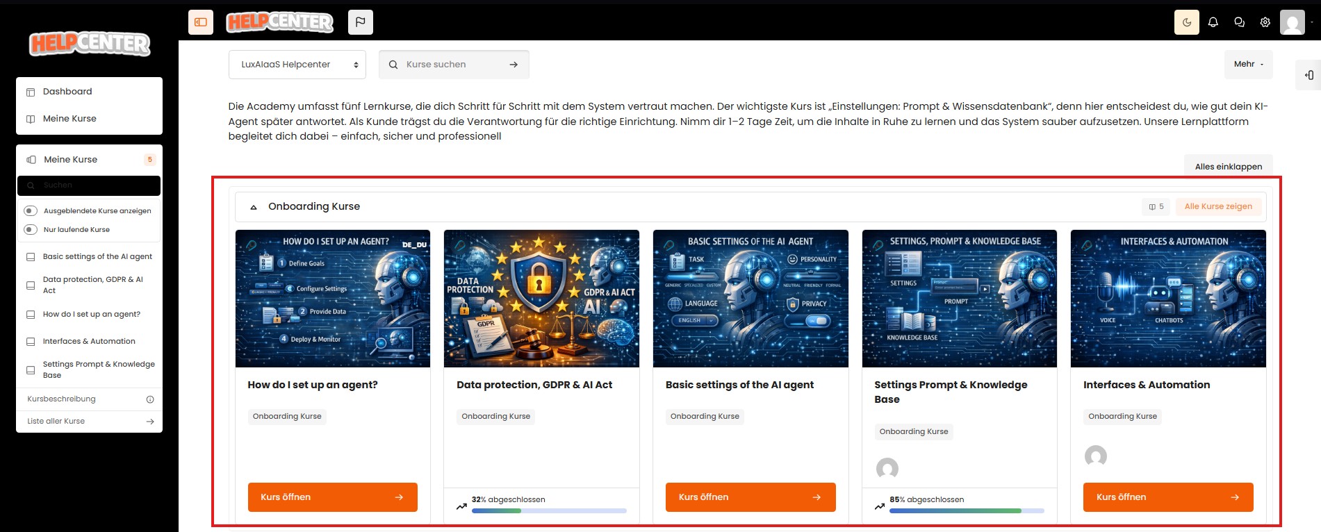 Helpcenter – Startseite mit Suchfeld und Themen-Kategorien