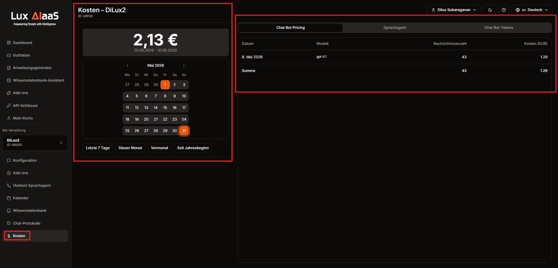 LuxAIaaS Kosten-Übersicht mit Gesamtkosten, Zeitraum-Kalender, Quick-Filter, Kosten-Tabs und detaillierter Kosten-Tabelle