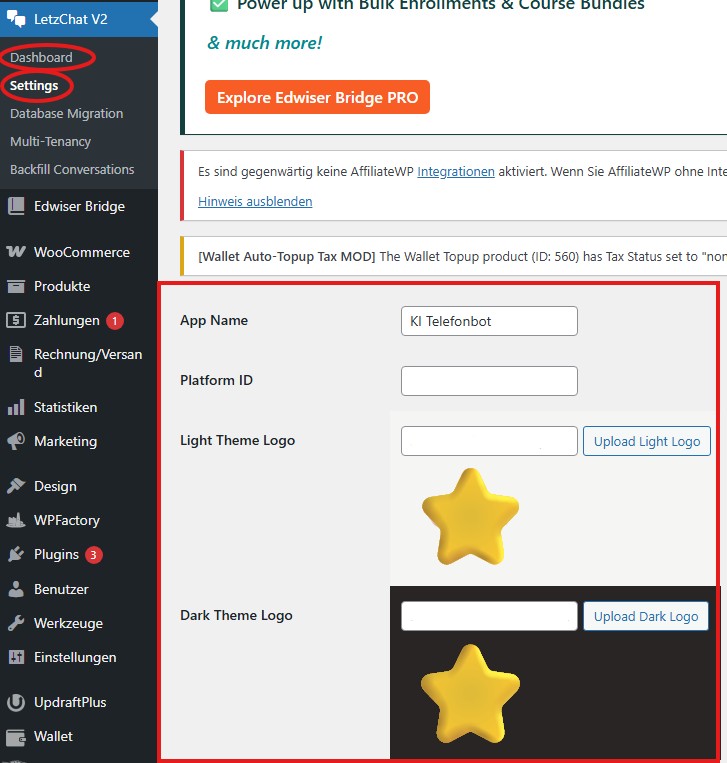 LetzChat V2 Untermenü mit Dashboard und Settings