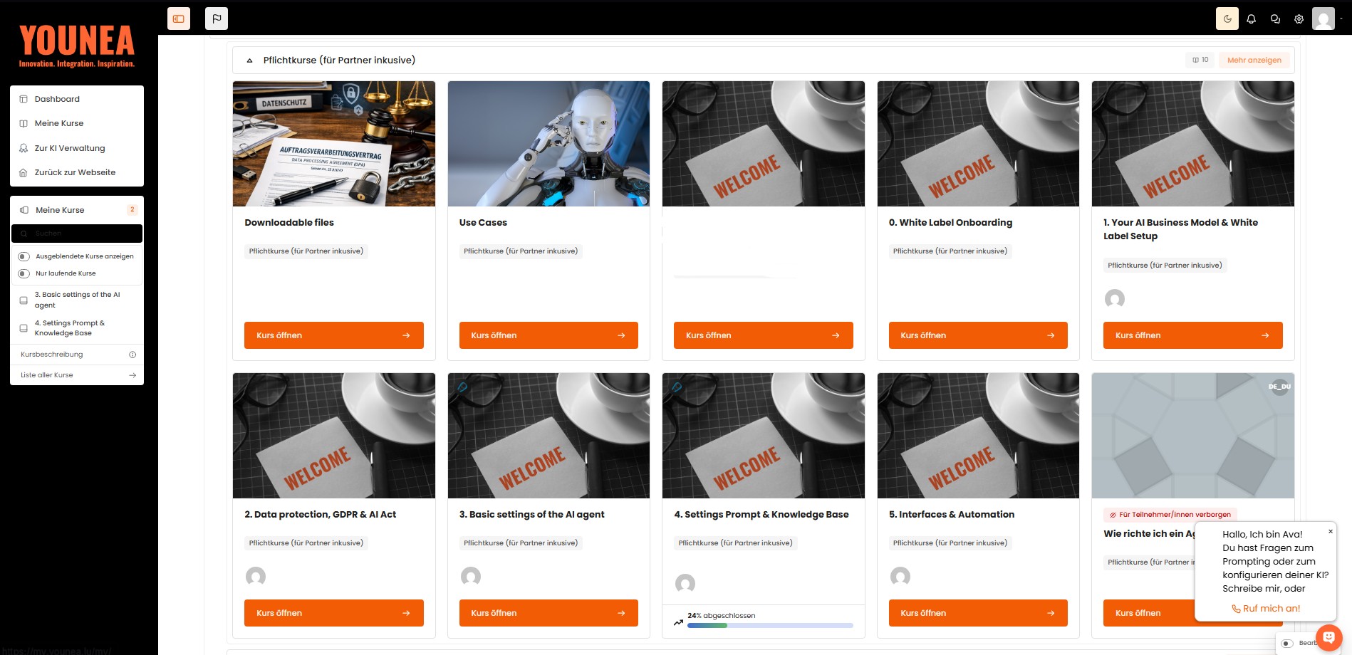 Onboarding-Plattform – Dashboard mit Kurs-Kacheln in mehreren Sprachen