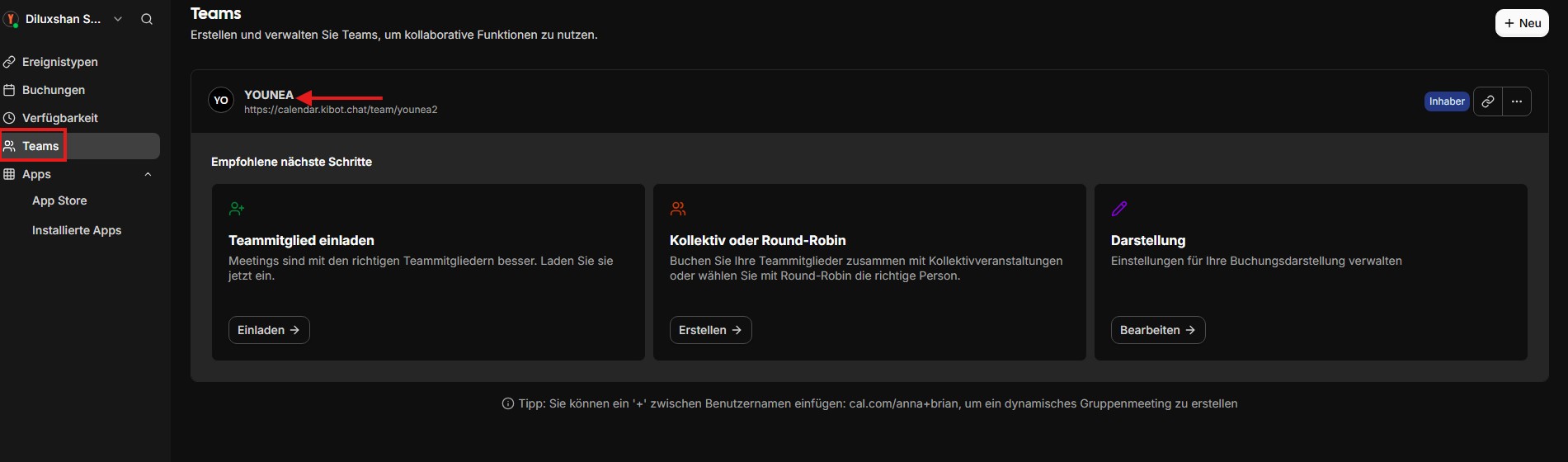 Teams-Übersicht mit Pfeil auf den Team-Namen YOUNEA und empfohlenen nächsten Schritten