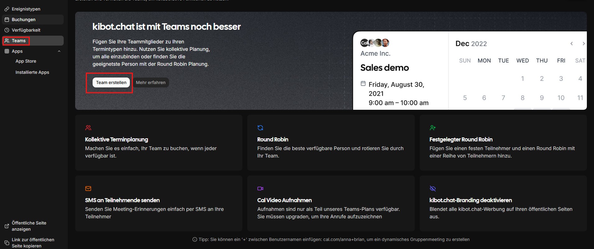 MyCalendar Teams-Übersicht mit Button Team erstellen und den Funktionen Kollektive Terminplanung und Round Robin