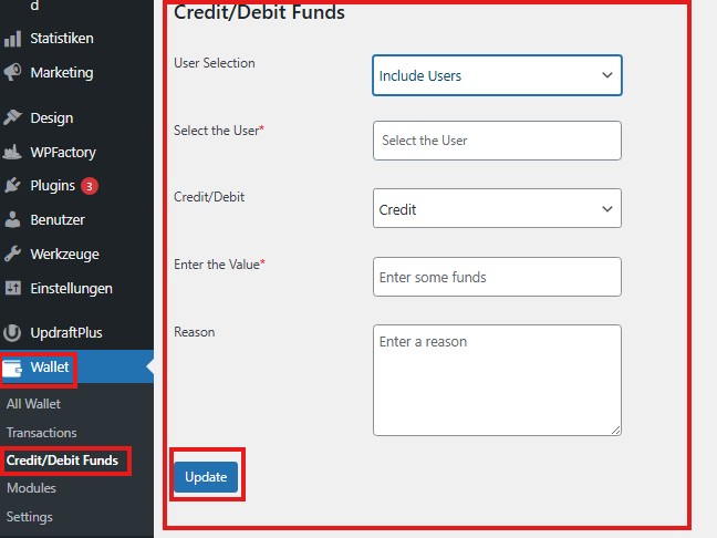 Wallet – Credit/Debit Funds mit Benutzer-Auswahl, Credit-Option und Betrag-Feld
