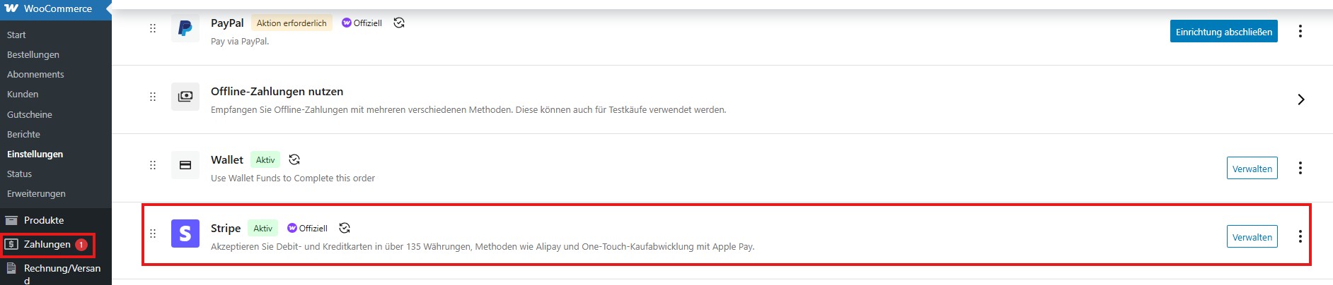 Bereich Zahlungen mit Stripe-Einrichtung