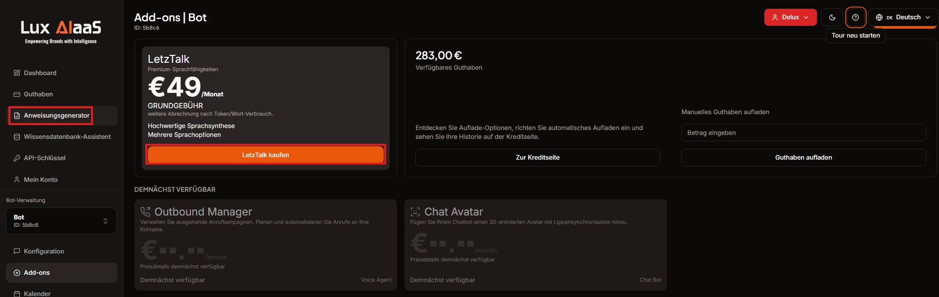 LuxAIaaS Add-ons-Übersicht mit LetzTalk Voice Agent, Guthaben-Anzeige sowie demnächst verfügbaren Add-ons Outbound Manager und Chat Avatar