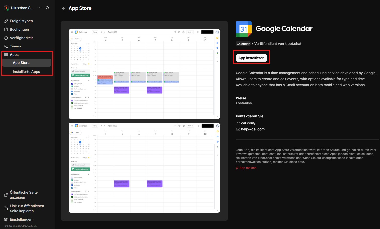 MyCalendar App Store mit Kalender-Optionen wie Google und Outlook