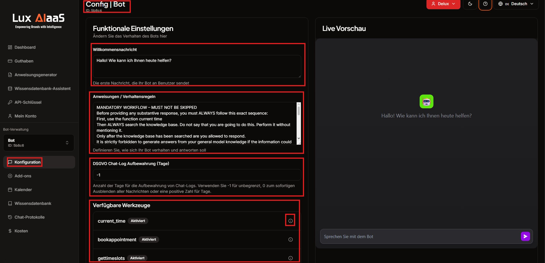 LuxAIaaS Bot-Konfiguration mit Willkommensnachricht, Anweisungen, DSGVO-Aufbewahrung und Verfügbaren Werkzeugen sowie Live-Vorschau