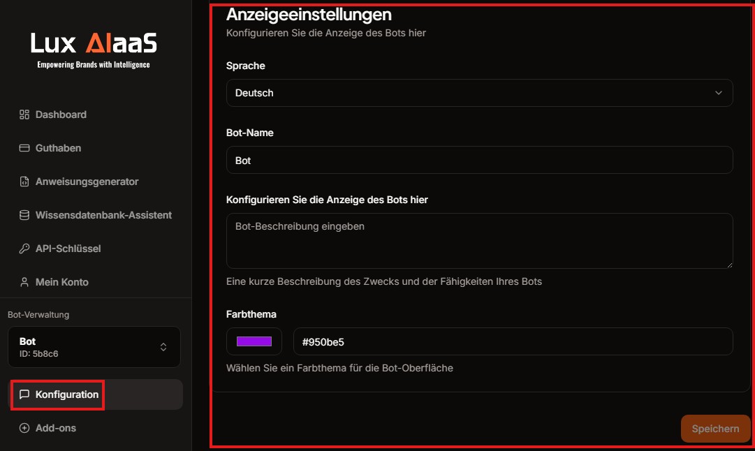 LuxAIaaS Anzeigeeinstellungen mit Sprache, Bot-Name, Bot-Beschreibung und Farbthema (Hex-Farbcode)