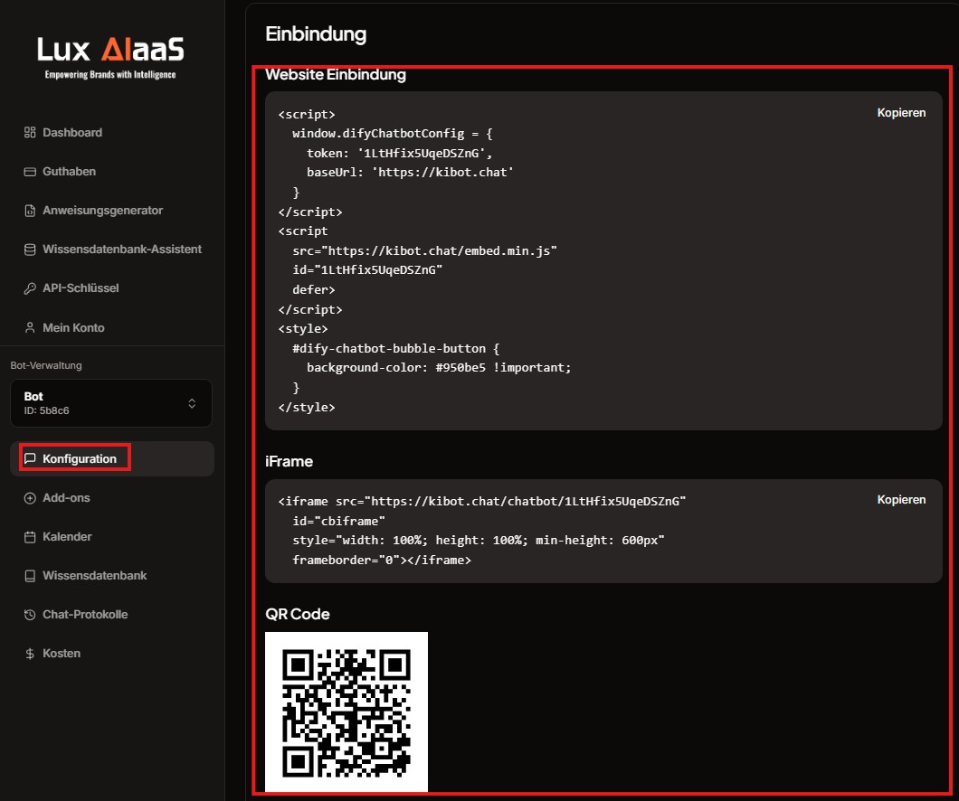 LuxAIaaS Einbindung mit Website-Integration-Code, iFrame-Code und QR-Code
