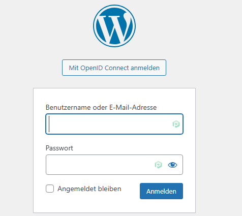 WordPress Login-Seite mit Feldern für Benutzername und Passwort