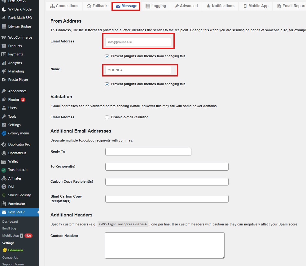 Post SMTP – Message-Tab mit Feldern für Absender-Name und Absender-E-Mail