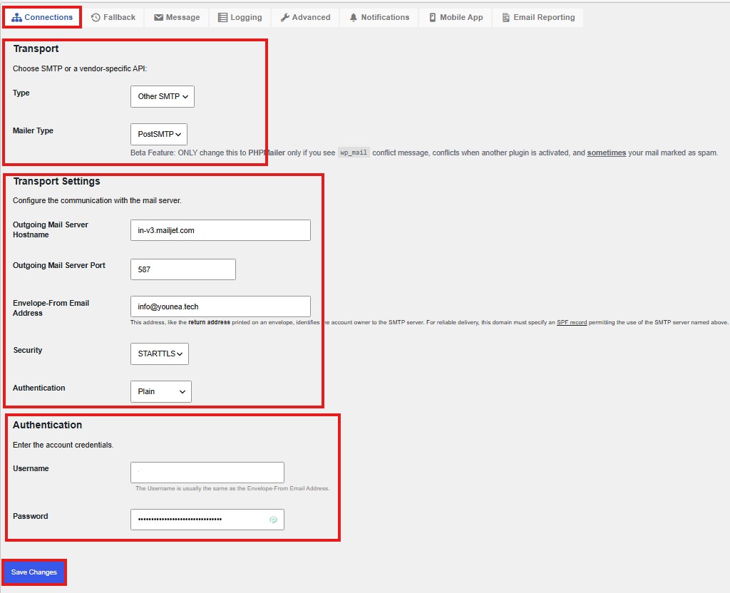 Post SMTP – Connections-Tab mit Feldern für Mailer, SMTP Host, Port, Encryption, Authentication, Username und Password