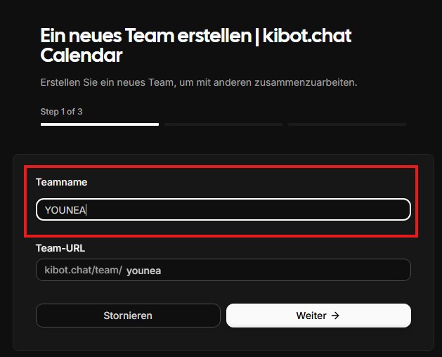 Step 1 von 3 – Teamname und automatisch erzeugte Team-URL eingeben