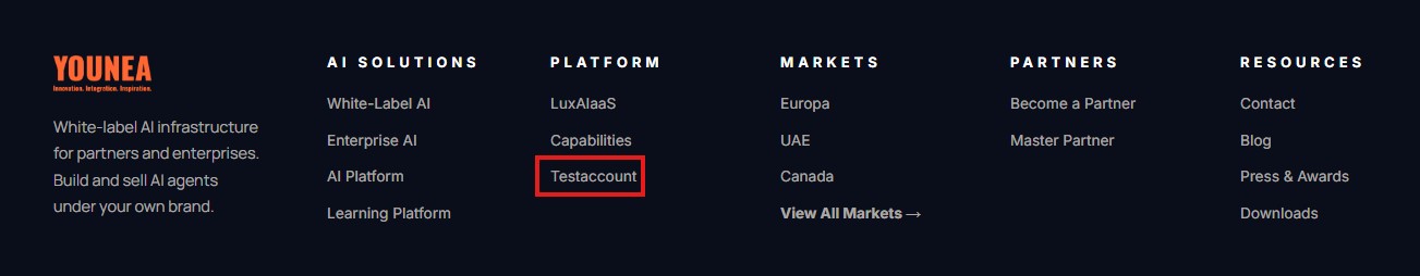 Footer einer Masterplattform mit den Spalten AI Solutions, Platform, Markets, Partners und Resources – in der Spalte Platform ist der Link Testaccount hervorgehoben